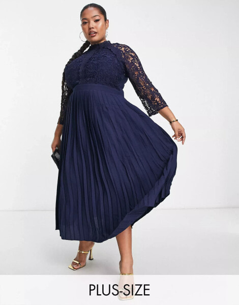 Little Mistress Plus lace detail midaxi dress in navy