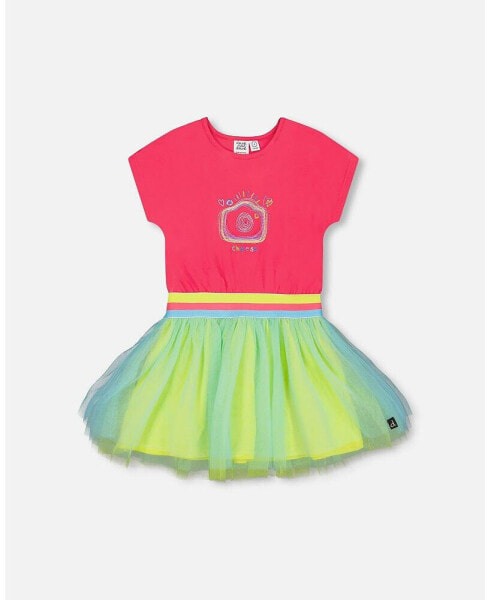 Girl Bi-Material Dress With Mesh Skirt Fuchsia Pink - Child