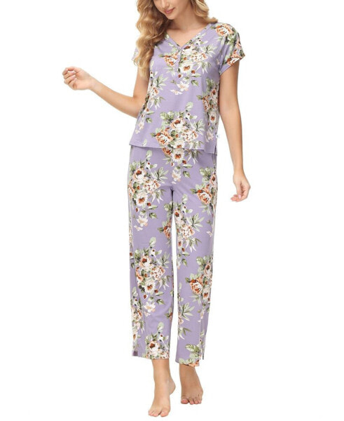 Women's 2 Piece Printed Short Sleeve Henley Top with Wide Pants Pajama Set