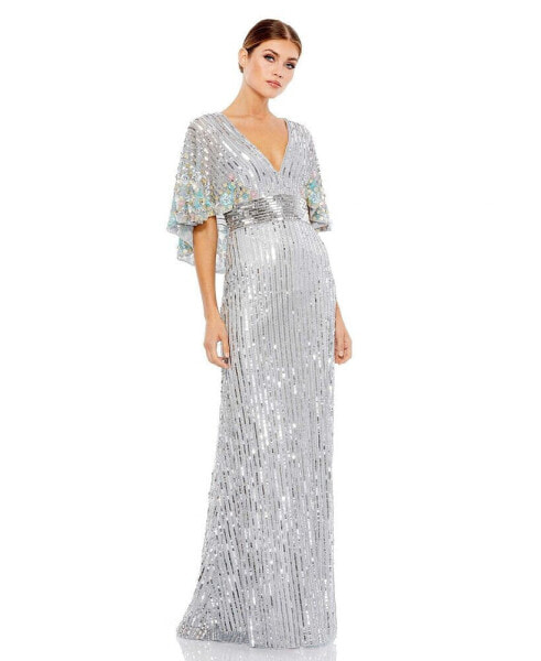 Women's Sequined V Neck Floral Embellished Cape Sleeve Gown