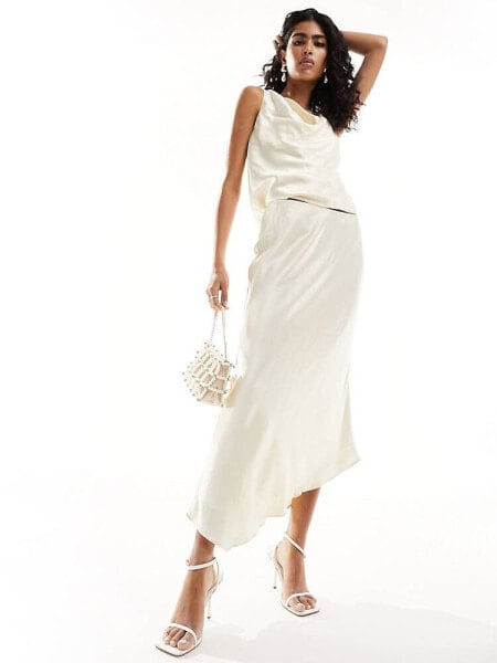 Forever New ruched satin co-ord midi skirt in butter bean ivory