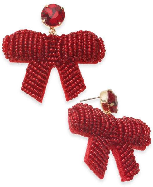 Gold-Tone Red Glass Seed Bead Ribbon Bow Drop Earrings