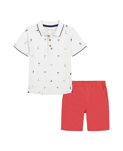 Little Boys Printed Pique Polo Shirt and Prewashed Twill Shorts, 2 Pc Set