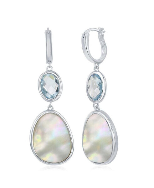 Sterling Silver Oval Blue Topaz and Irregular Design Mother of Pearl Earrings