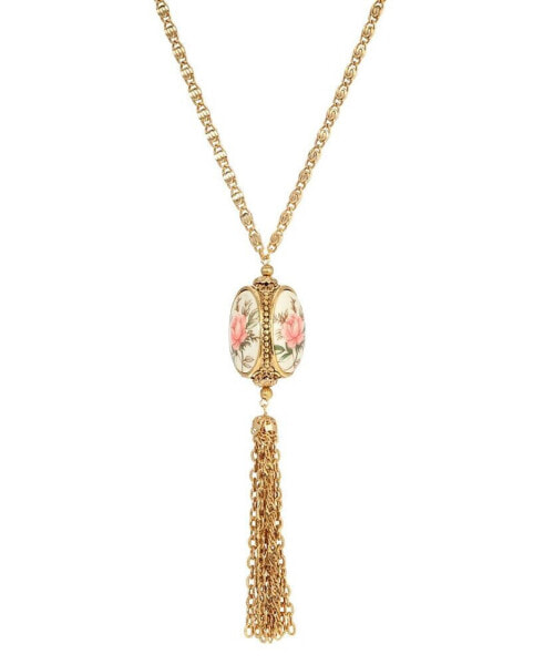 Gold-Tone 3 Sided Pink Flower Spinner Tassel Necklace