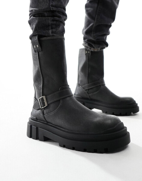 Bershka buckle boot in black