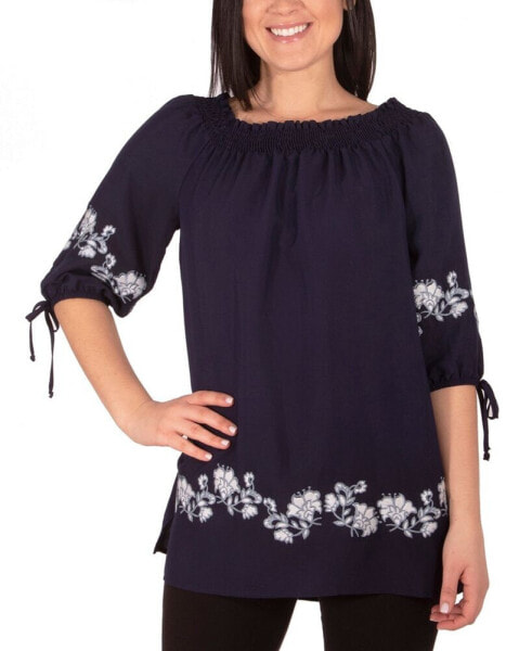 Women's Embroidered Elbow Sleeve Peasant Blouse