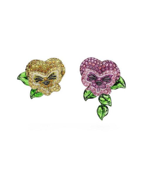 Asymmetrical Design, Flower, Multicolored, Rhodium Plated Alice In Wonderland Stud Earrings