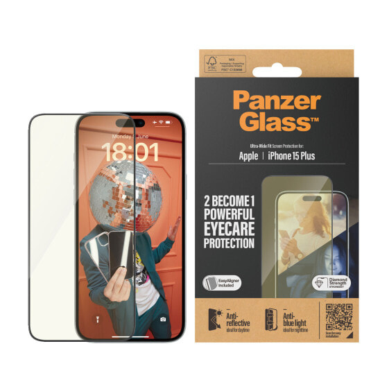 Защитное стекло для iPhone 15 Plus PanzerGlass Eyecare Ultra-Wide Fit с EasyAligner - Apple