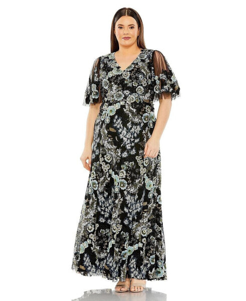 Women's Plus Size Sheer Sleeve V Neck Floral Embroidered Gown