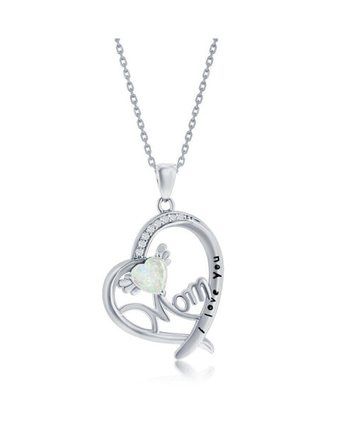 Sterling Silver I Love You, Mom Angel Wing, CZ Heart Pendant