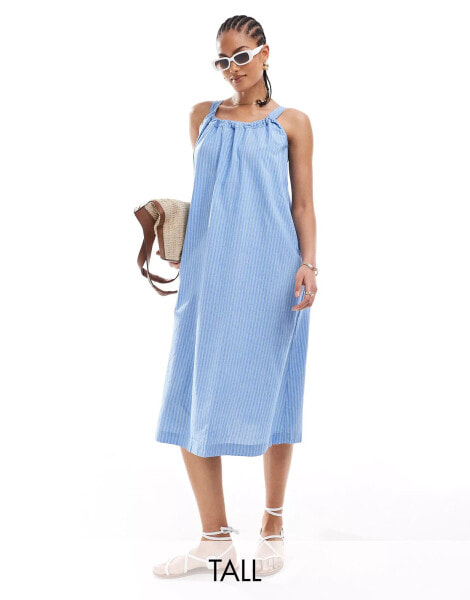 Vero Moda Tall cotton ruched neck maxi dress in blue stripe