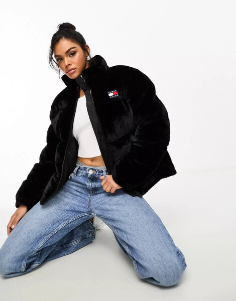 Tommy Jeans faux fur puffer jacket in black