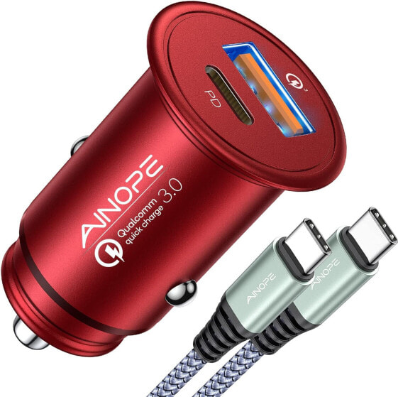 AINOPE PD&QC 3.0 Cigarette Lighter USB C Car Charger 54 W Quick Metal Car Charger USB C Adapter Car Accessories [with USB C to C Cable] Compatible with iPhone 14 Pro Max 13 12 11, iPad, Samsung