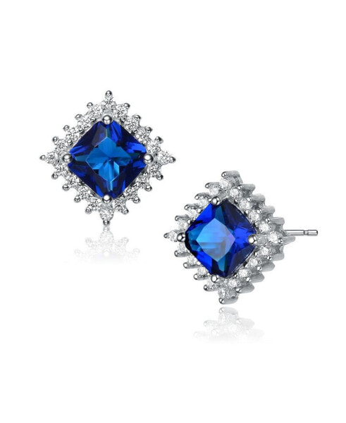 Cubic Zirconia Sterling Silver White Gold Plated Sapphire Square Shape Earrings