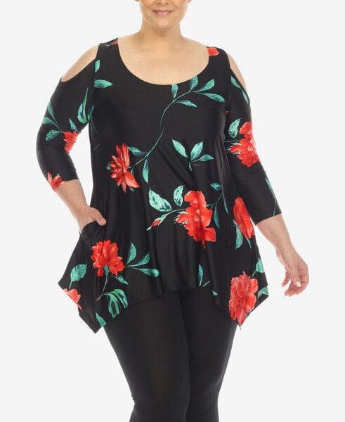 Plus Size Floral Printed Cold Shoulder Tunic Top