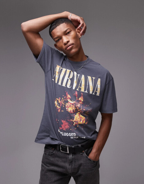 Topman oversized fit t-shirt with Nirvana unplugged print in washed black