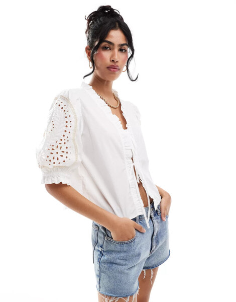 Object cropped broderie top with ties in white