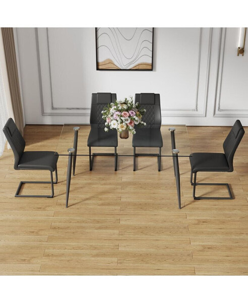 Стулья и стол Simplie Fun 1 с прозрачным стеклянным столешницей и черными металлическими ножками. Комплект 4 стула с сиденьем из искусственной кожи и черными металлическими ножками. DT-1544 C-001