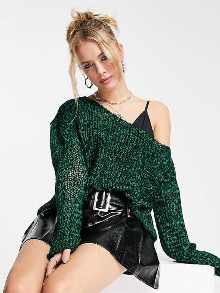 COLLUSION knitted off the shoulder jumper in green and black multi yarn 