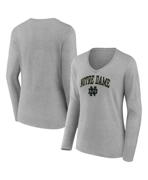 Women's Heather Gray Notre Dame Fighting Irish Evergreen Campus Long Sleeve V-Neck T-shirt