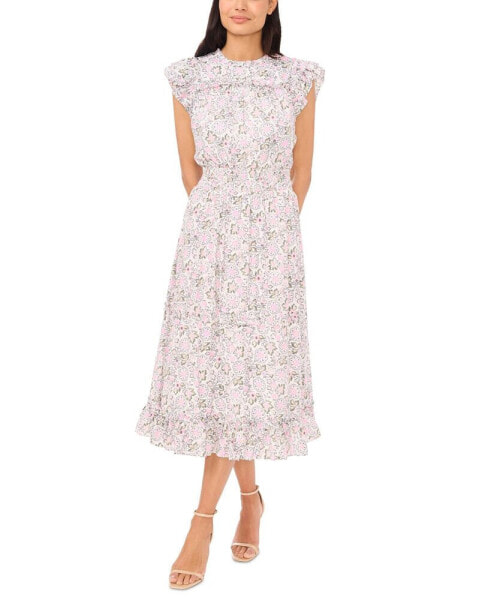 Women's Floral Flutter-Sleeve Smocked-Waist Midi Dress