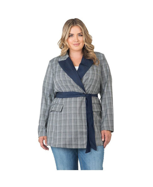 Women's Plus Size Plaid Wrap Blazer with Tencel Trim