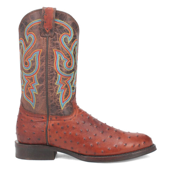 Dingo Ranger Leather Embroidered Ostrich Print Round Toe Cowboy Mens Brown Casu