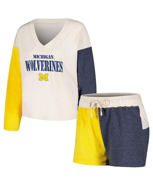 Women's Cream Distressed Michigan Wolverines Colorblock Tri-Blend Long Sleeve V-Neck T-shirt and Shorts Sleep Set