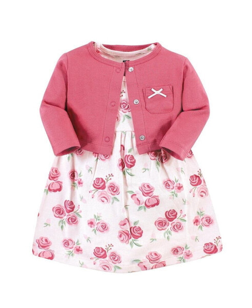 Baby Girls Cotton Dress and Cardigan Set, Blush Rose