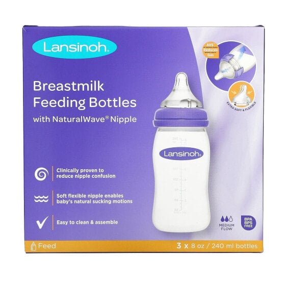 Breastmilk Feeding Bottles with NaturalWave Nipple, Medium Flow, 3 Bottles, 8 oz (240 ml) Each