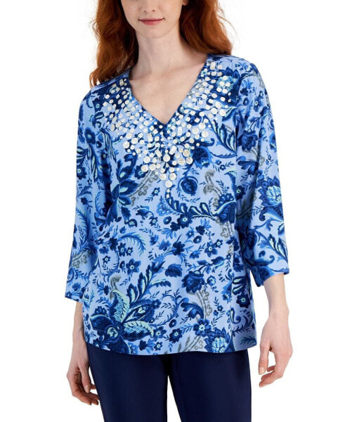 Petite Blooming Bounty Shell-Embellished Top, Created for Macy's
