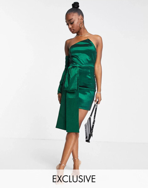 Collective the Label exclusive one shoulder bow mini dress in emerald green