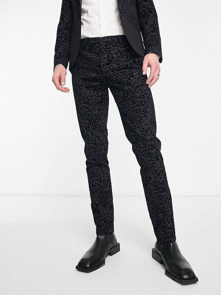 Twisted Tailor helfand skinny suit trousers in charcoal with leopard print flock