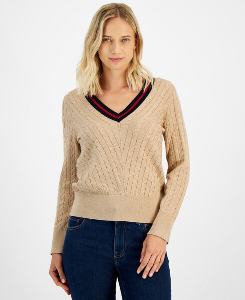 Women's Contrast Stripe V-Neck Cable Knit Sweater