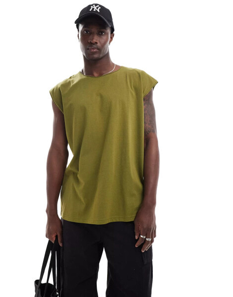 Brave Soul oversized raw edge vest in sea kelp green