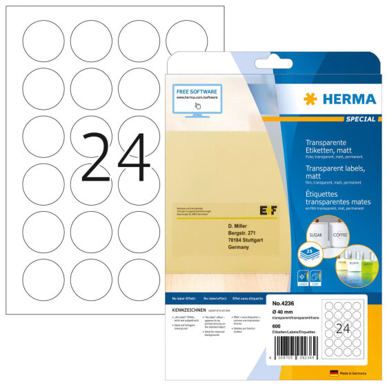 HERMA Sea labels A4 Ø 40 mm round transparent extra strong adhesion film matt 600 pcs. - Transparent - Circle - Permanent - A4 - Polyester - Matte