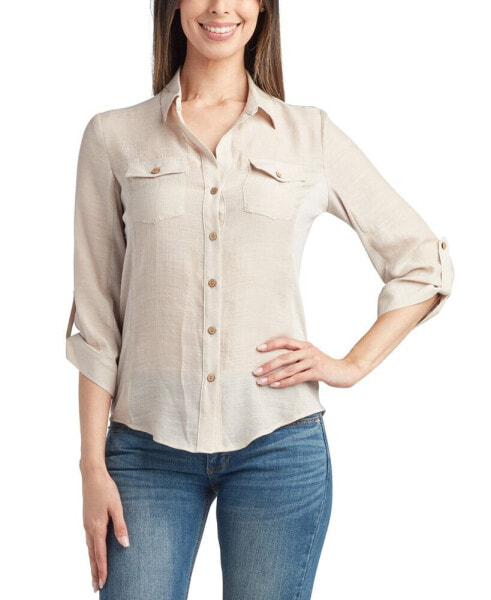 Juniors' Collared Roll-Tab 3/4-Sleeve Shirt