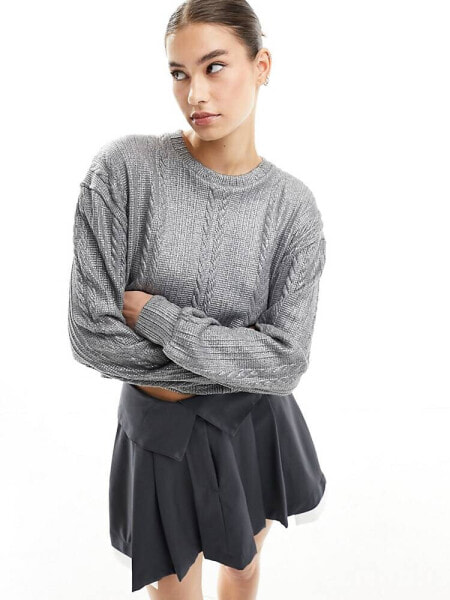 ASOS DESIGN foiled  cable oversize sweatshirt in silver