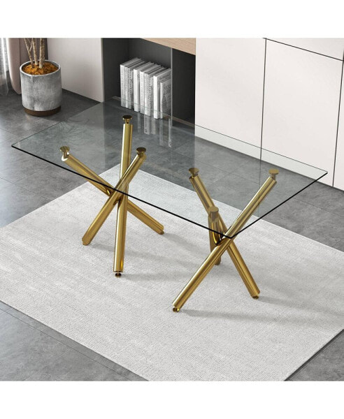 Modern Glass Dining Table for 6-8 with Golden Metal Legs