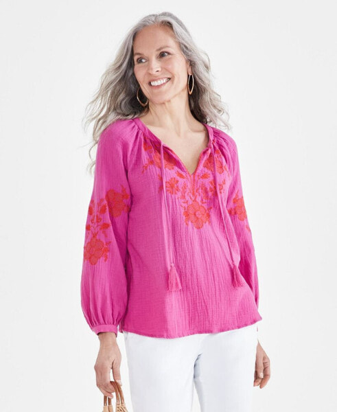 Petite Nala Embroidered Popover Peasant Blouse, Created for Macy's