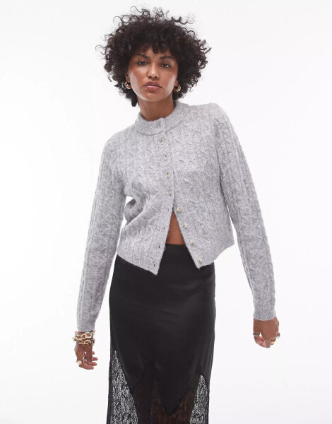 Topshop knitted cable micro cardi in grey