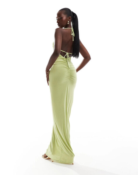 ASOS DESIGN plunge cowl maxi dress with strappy back in lime green