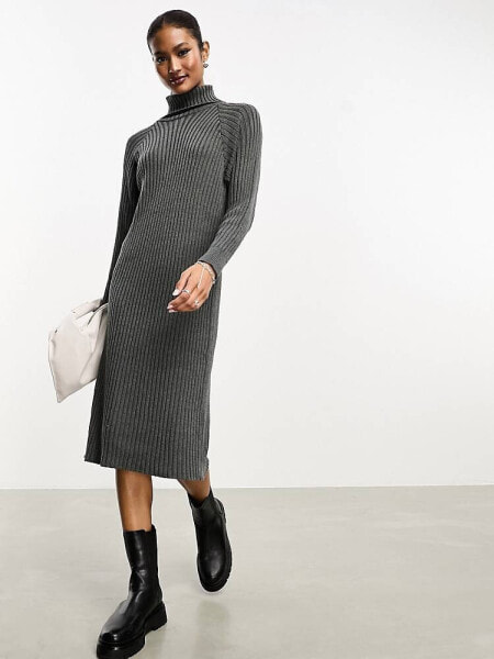 Y.A.S ribbed roll neck jumper midi dress in grey