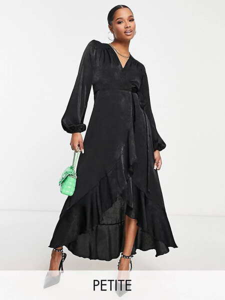 Flounce London Petite satin long sleeve wrap maxi dress in black 