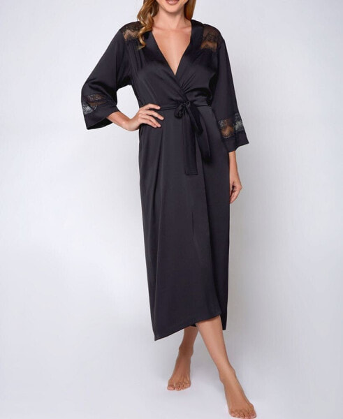 Women's Silky Stretch Satin Long Robe with Lace Trims