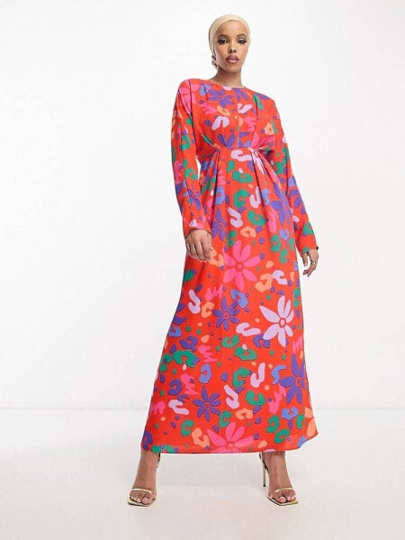 Женское повседневное платье ASOS DESIGN Maxikleid mit betonter Taille und Zierfalten in Rot mit abstraktem Print