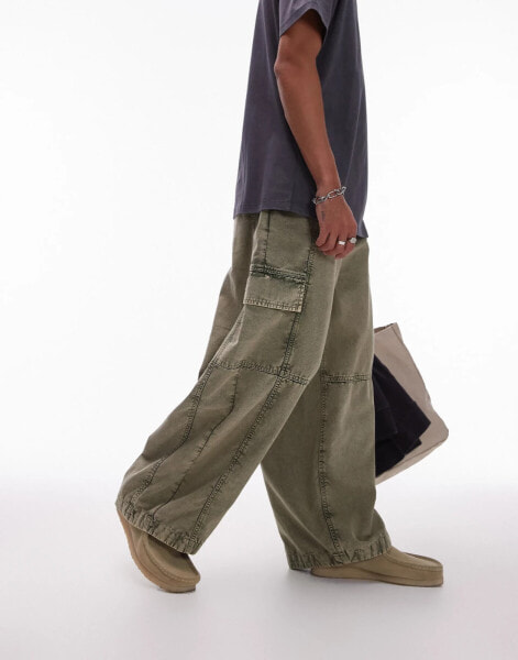 Topman wide leg washed cargos in khaki