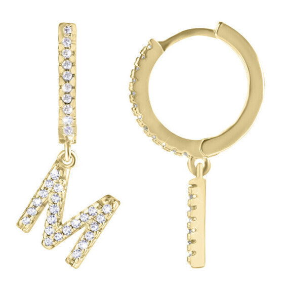 Round gold-plated single earrings "M" with zircons