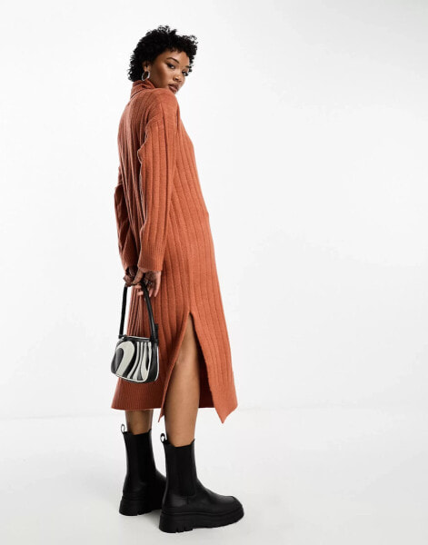 Brave Soul high neck slouchy midaxi knitted dress in rust